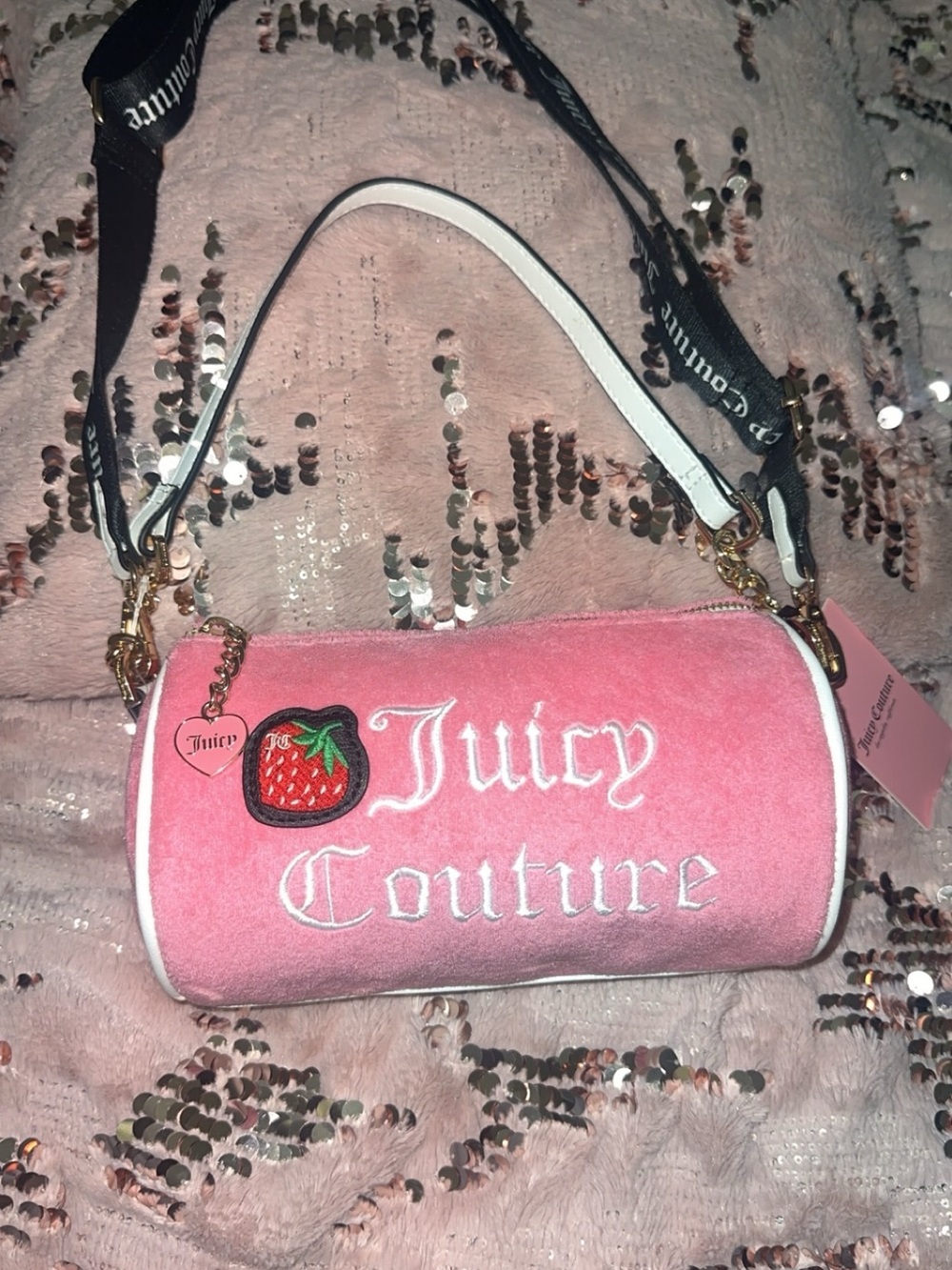 Juicy Couture Pink Velvet Barrel Mini Bag with Strawberry Patch
